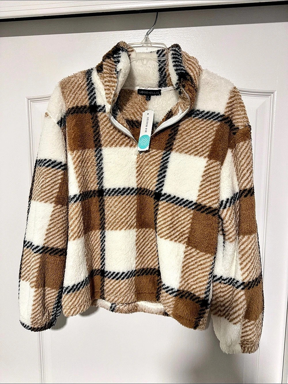 LOVE ELLIE Plaid Teddy Jacket in Brown & Cream Size Small